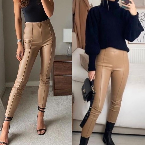 Zara Pants - ZARA faux leather Tan Women's skinny Pants size M